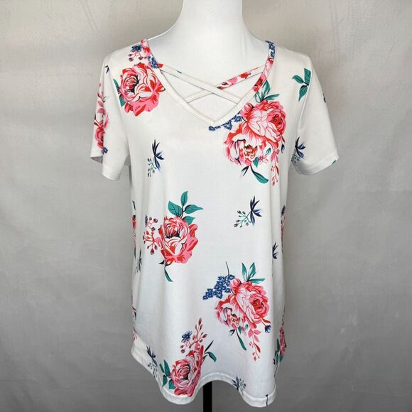 Tickled Teal Tops - Tickled Women Sz L Dusty White Floral Tunic Short Sleeve Strappy Front Neckline